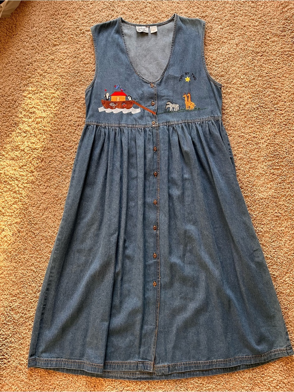 Vintage 90s Two By Two Noah’s Ark Denim Jumper Dress 100% cotton
